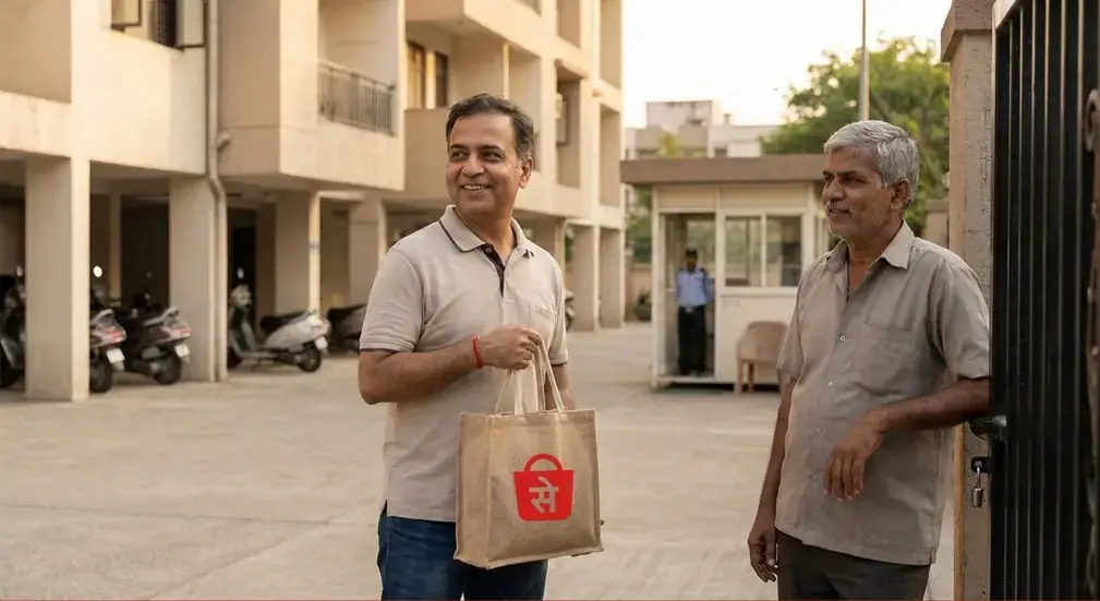 A customer walking home past his society gate with a DukaanSe bag