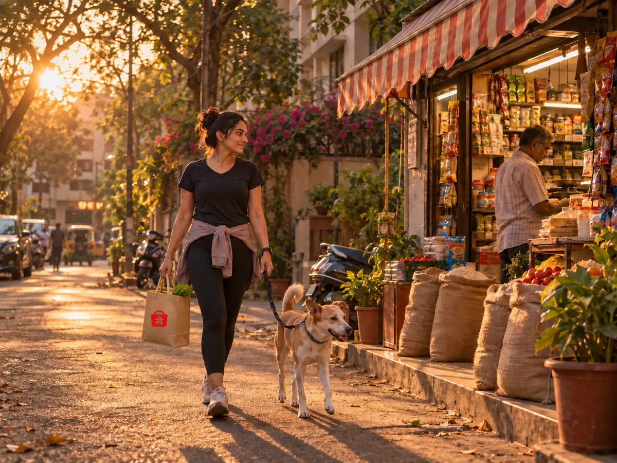 A woman walking her dog past a neighbourhood kirana, carrying a DukaanSe bag