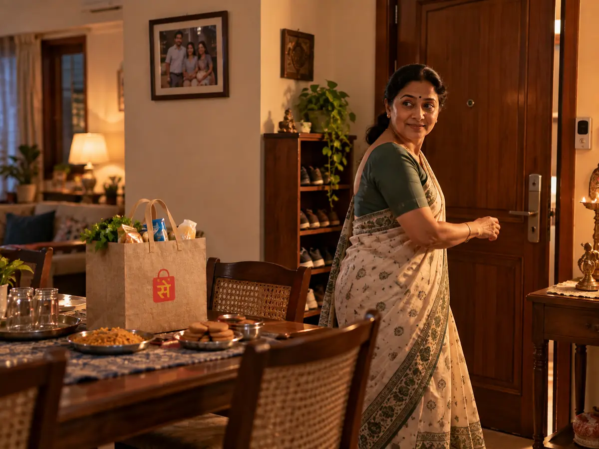A woman heading to answer the door, with snacks and a DukaanSe bag on the dining table