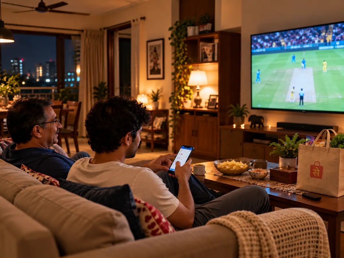 A father and son watching cricket at home while ordering snacks on DukaanSe