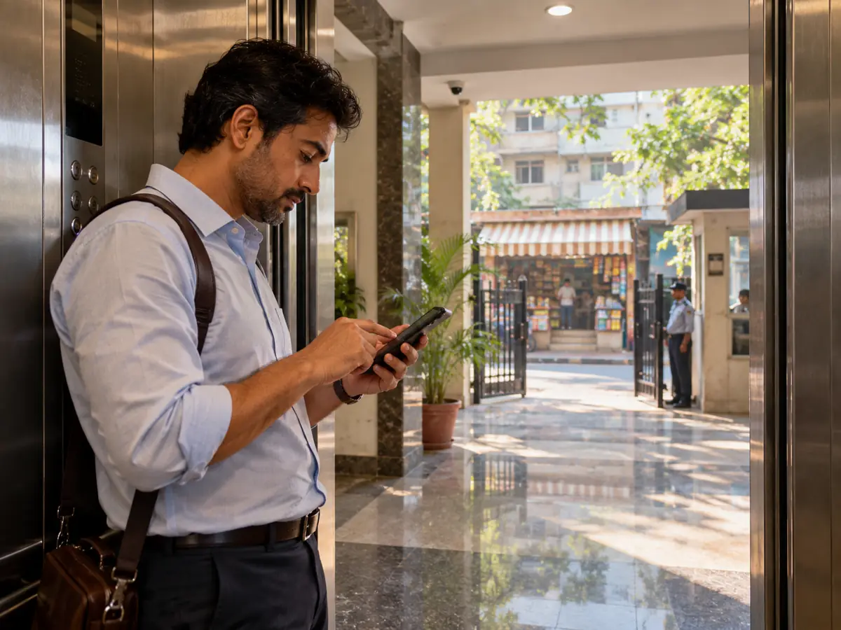 A man ordering on his phone in a society lift, with a kirana visible beyond the gate