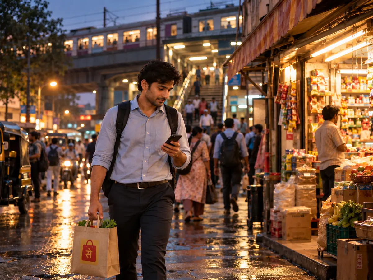 A young man walking home from the station in the evening, carrying a DukaanSe bag
