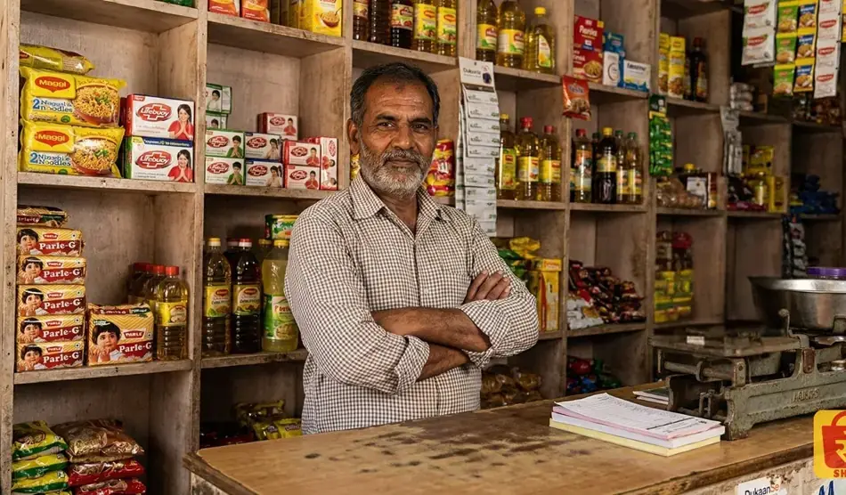 A kirana owner standing proudly at his counter